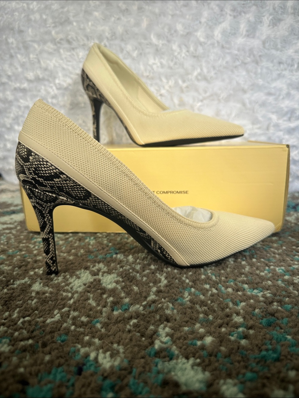 NIB Pointed-Toe Cream Pumps with SerpentChic Snake-Print Stiletto Heel